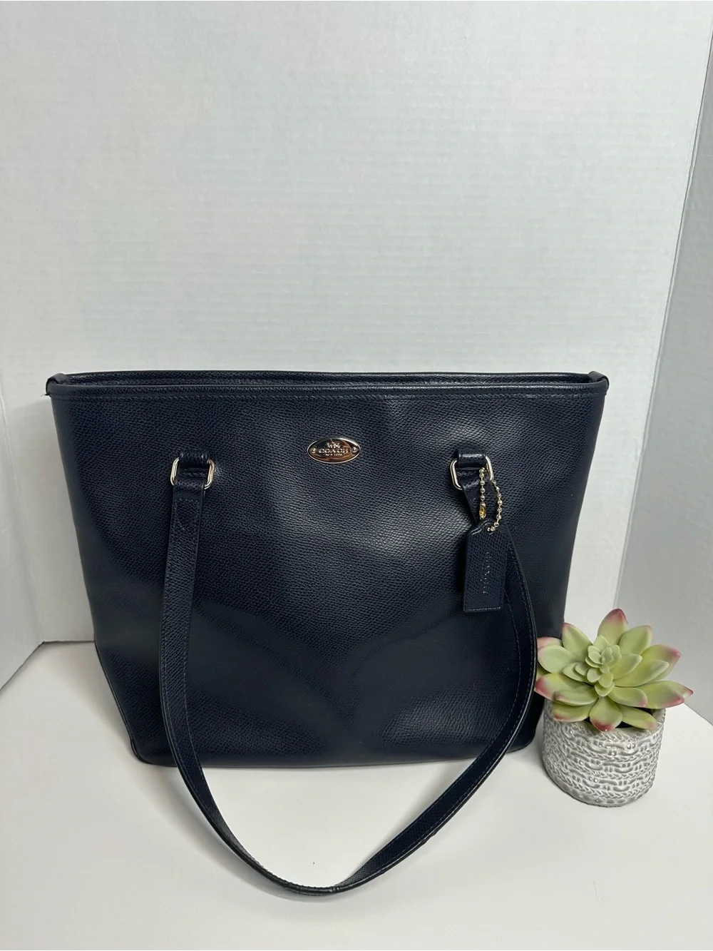 Coach Navy Pebbled Leather Tote with Tag and Gold Accent